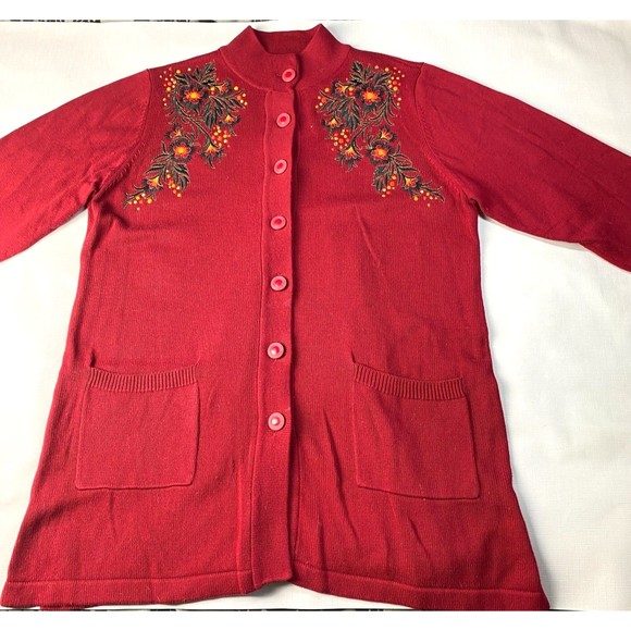 BOB MACKIE Cardigan EMBROIDERED Red Button Up LONG Sweater! FLORAL ART Sz 1X - Picture 2 of 16
